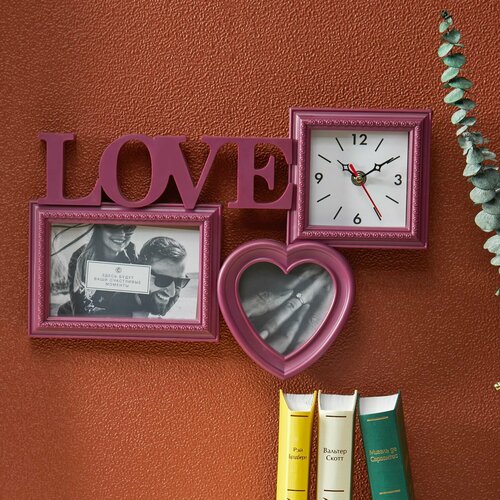 Фоторамка с часами на 2 фотографии 26x38 см пластик бордовый 993₽