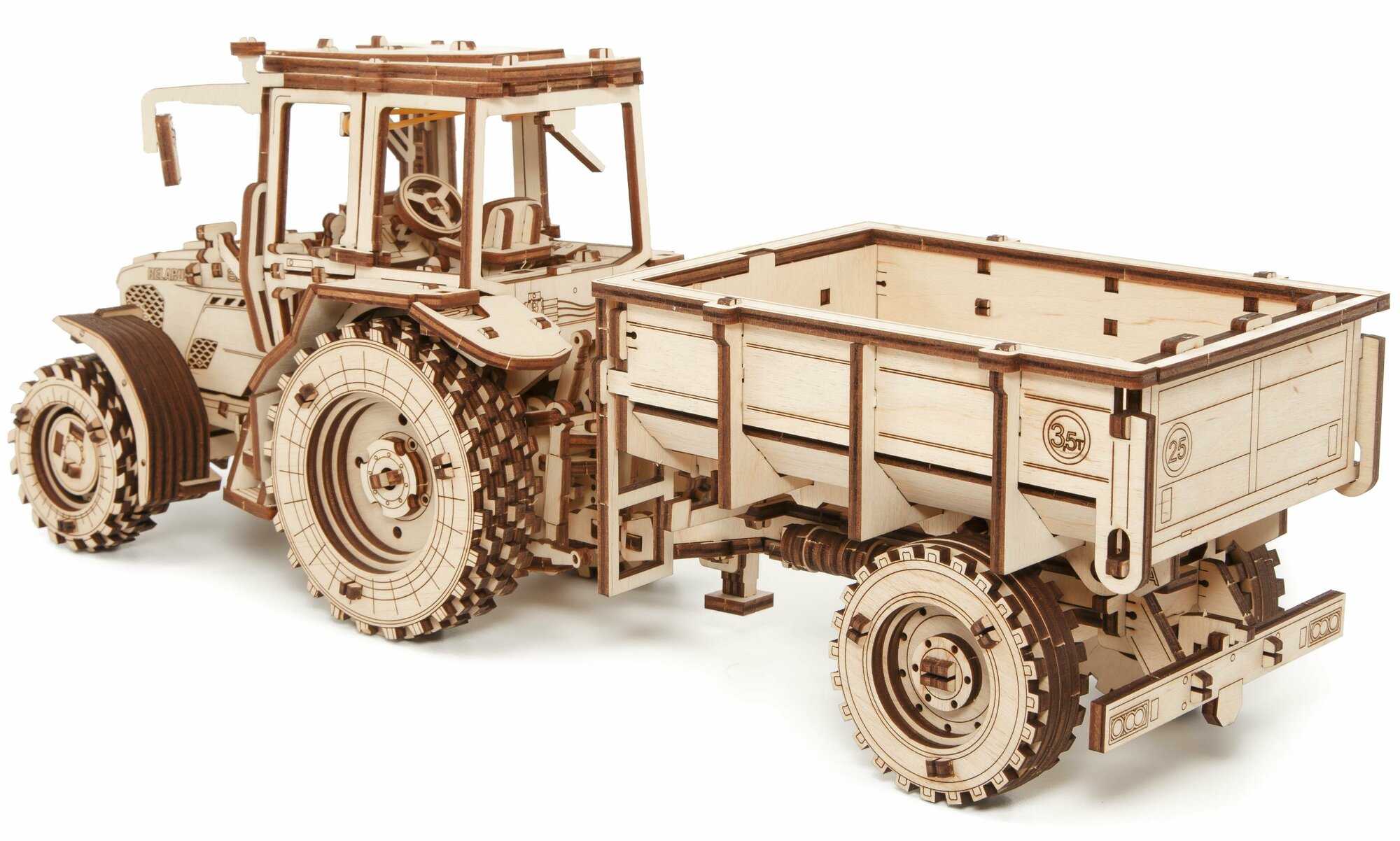 Сборная модель деревянная 3D EWA Трактор беларус 82 с прицепом