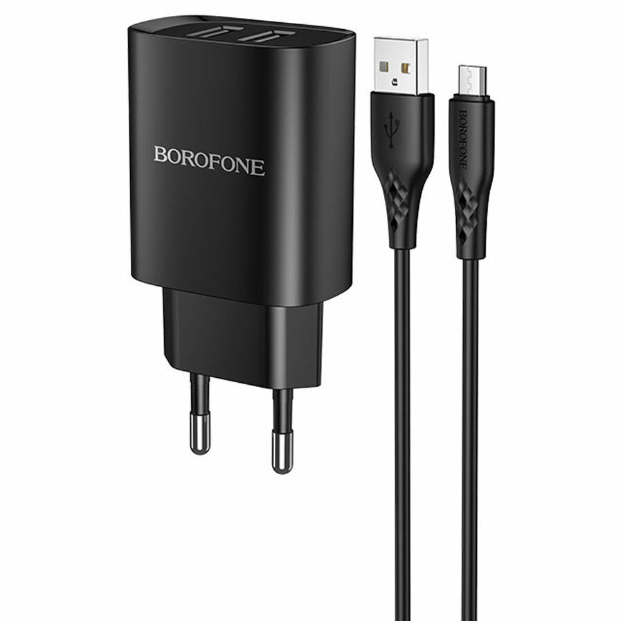 Сетевое зарядное устройство BOROFONE BN2 super fast 2xUSB с Кабелем USB - Micro, 2.1A, черный