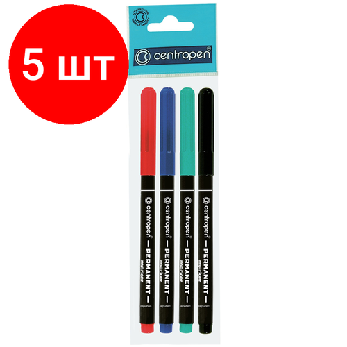 Комплект 5 шт, Набор перманентных маркеров Centropen 2536 04цв, пулевидный, 1.0мм, пакет, европодвес комплект 7 шт набор перманентных маркеров schneider maxx 130 04цв пулевидный 1 0мм