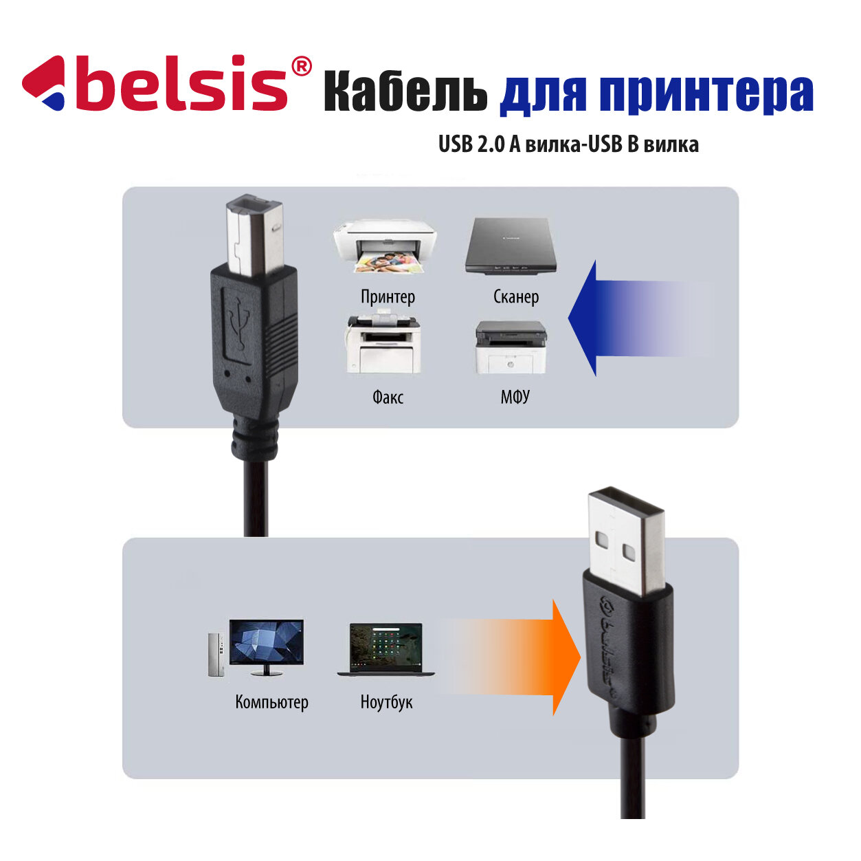 Кабель USB 2.0 AM-BM Belsis 1.8м 1 кольцо BW1411 - фото №4