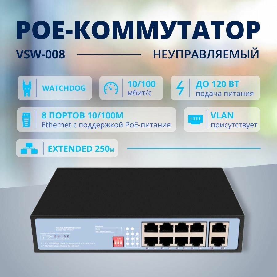 VSW-008 неуправляемый PoE (свитч) 8 PoE+2 Uplink, черный