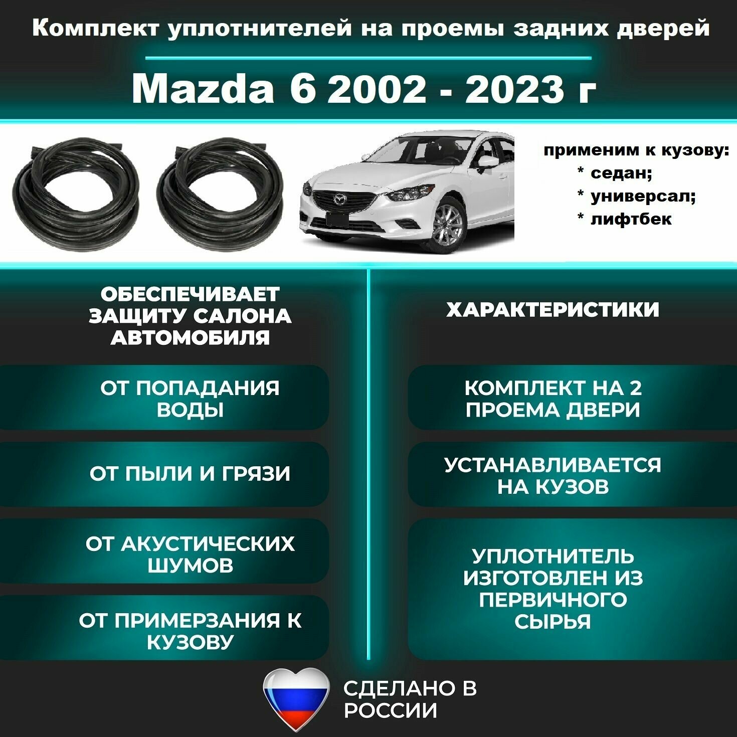 Комплект уплотнителей проема задних дверей Mazda 6 2002-2023 г GC, GH, GJ, Мазда 6, 2 шт