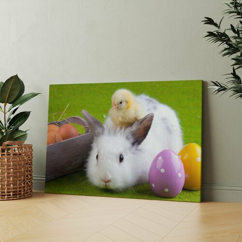 Картина на холсте (пасха кролик яйца приносит zwd и цыпленок) 30x40 см/для интерьера/в комнату/на стену/в подарок