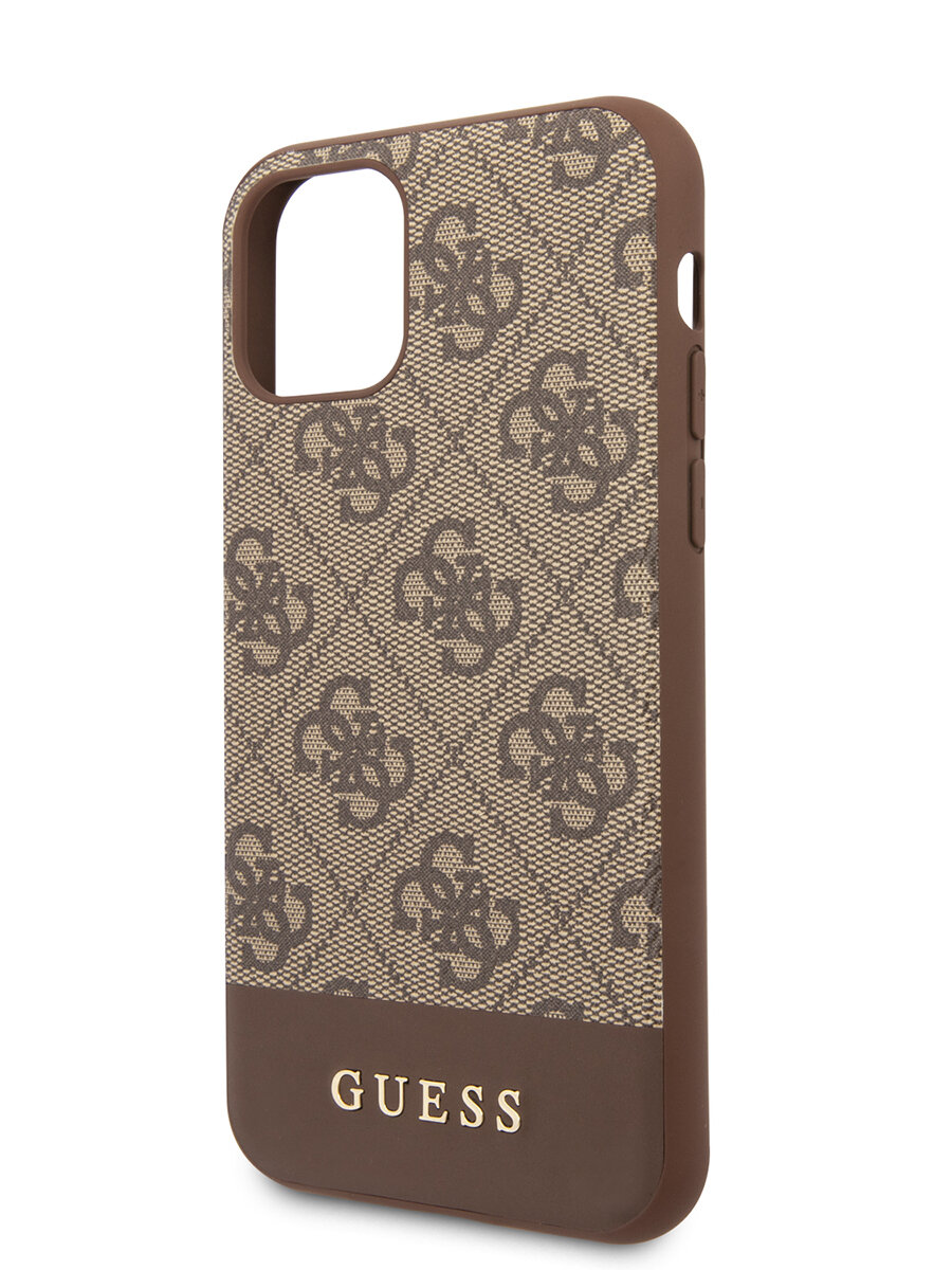 Guess для iPhone 11 чехол 4G PU Stripe Metal logo Hard Brown