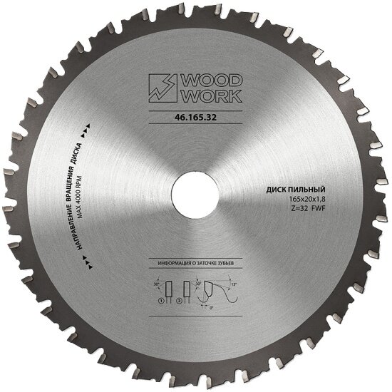 Диск пильный Woodwork 46.190.36, для резки стали DRYCUT 190х2.0/1.6х30х36T A=-5° FWF