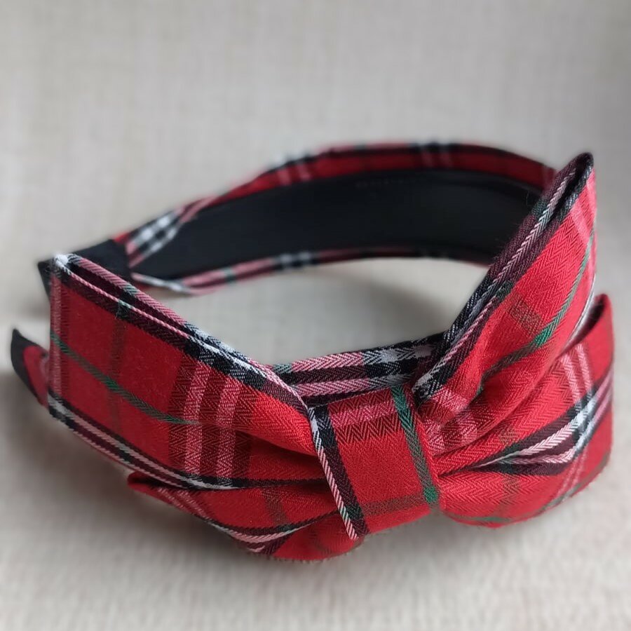 Ободок в клетку с бантом красный — фото 1