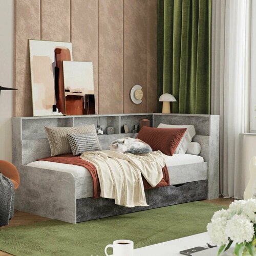 Кровать односпальная Хандис Юта 1.8 1982х900х1000 1800х800, Бетон светлый/Бетон темный