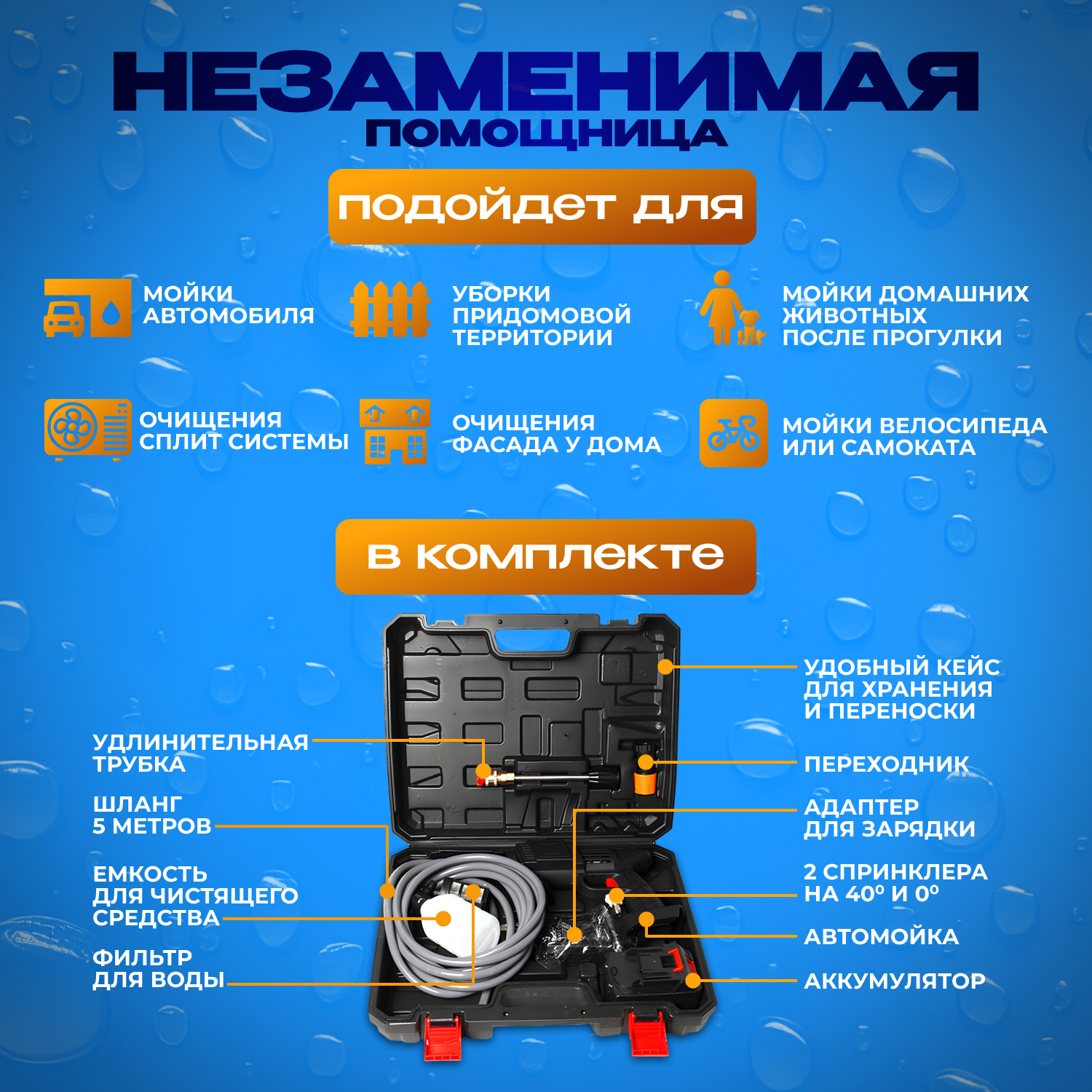 Мойка высокого давления аккумуляторная для автомобиля в кейсе / минимойка с пистолетом и пенообразователем в кейсе для дачи - фотография № 3