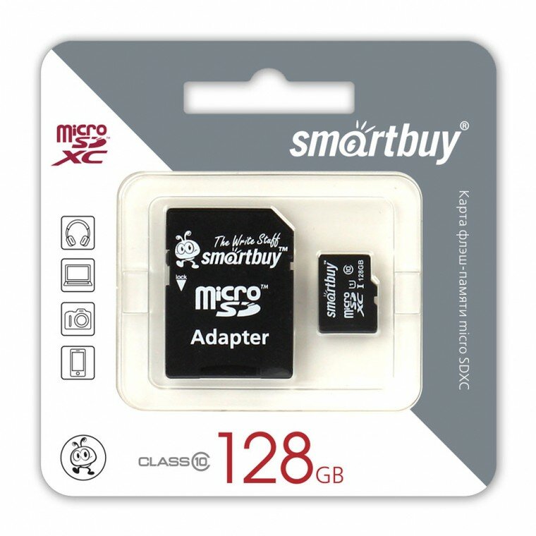 Карта памяти MicroSD 128Гб Smartbuy SB128GBSDCL10-01