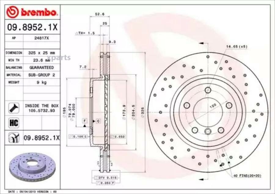 BREMBO 0989521X Диск тормозной BMW 3(E46) -05 передн. 325мм (С перфорацией) (мин. 2 шт.)