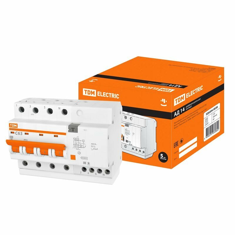 Дифференциальный автомат (4Р, 63А, 30мА)