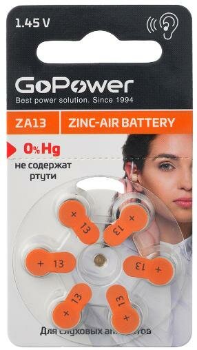 Слуховая батарейка GoPower ZA13 Zink-Air Battery 1.45v BL6 00-00022494, 6шт.