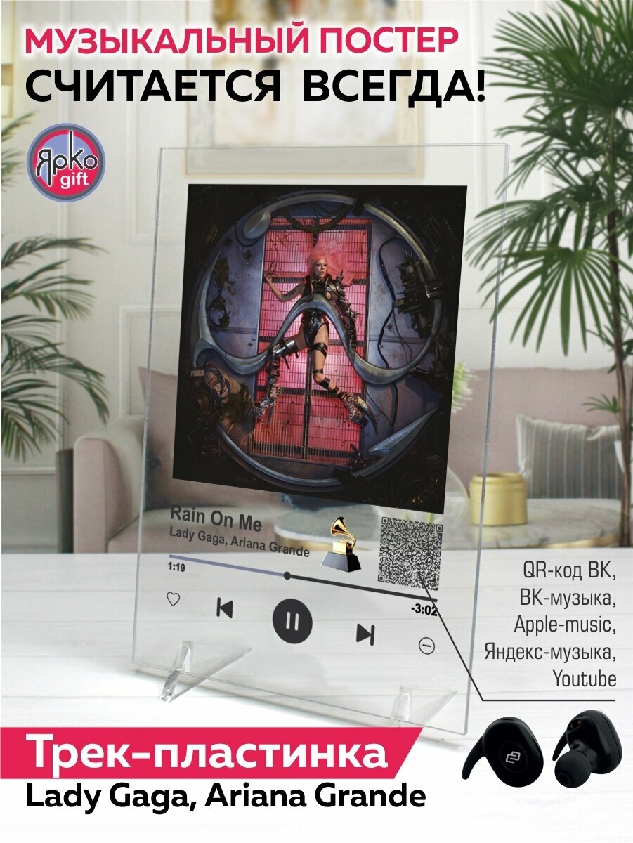 Lady Gaga, Arianna Grande - Rain On Me Spotify-постер 14х20 см/ музыкальная трек-пластинка/ постеры картины для интерьера на стекле/ спотифай сувенир подарок