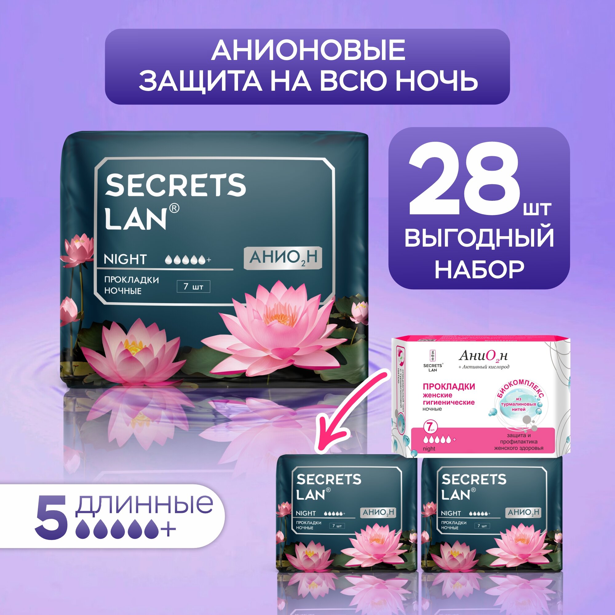 Прокладки ночные 28 шт Secrets Lan анионовые в индивидуальной упаковке