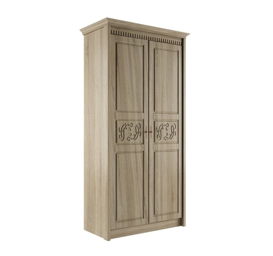 Шкаф платяной со штангой 2-х створчатый Люси МДФ Дуб сонома, 114х57,4х224,2 см, классический стиль с фрезеровкой и карнизом