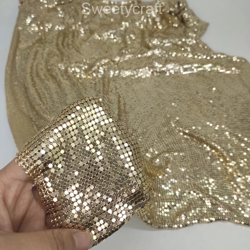 Золотая гибкая металлическая сетчатая ткань с блестками, Gold 2, 45x13cm