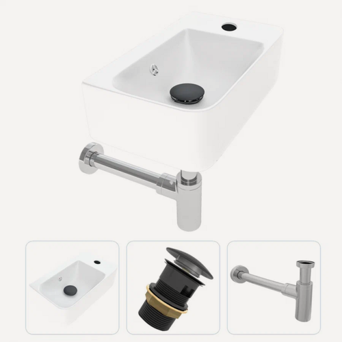 Изображение товара Раковина подвесная для ванной Teymi Hanna 45 правая + донный клапан клик-клак с переливом черный и сифон хром F07550