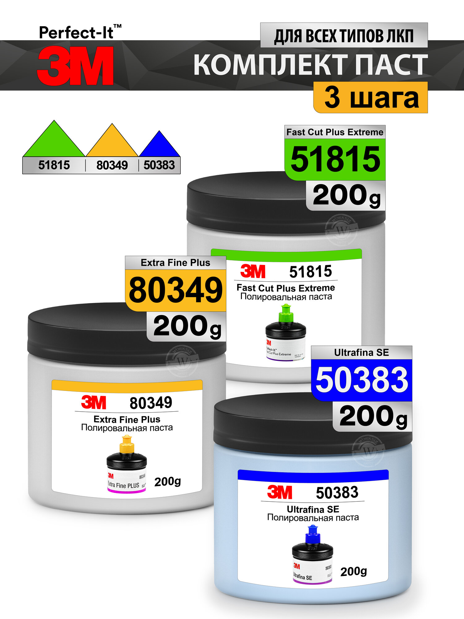 Паста / комплект для полировки 3М™ Perfect-it™ / 3 шага : 3М 51815 Зеленый колпачок 200 г + 3М 80349 Желтый 200 г + 3М 50383 Синий 200 г