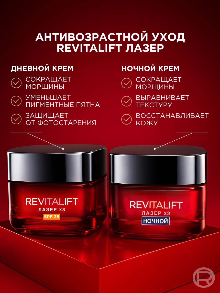 Подарочный набор L'Oreal Paris "Revitalift Лазер х3" для обновления кожи и защиты от фотостарения: дневной антивозрастной крем 50 мл + ночной антивозрастной крем 50 мл — фото 1