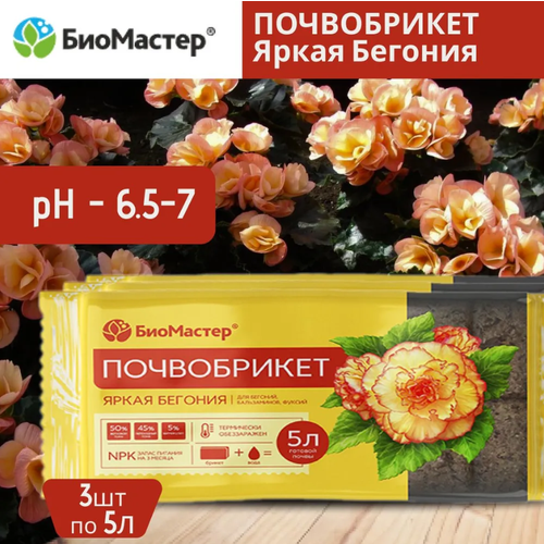 Комплект Почвобрикет Яркая бегония БиоМастер, 5л 3 штуки