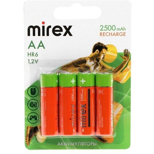 Аккумулятор Mirex, Ni-Mh, AA, HR6-4BL, 1.2В, 2500 мАч, блистер, 4 шт. аккумулятор ni mh 2500 ма·ч 1 2 в smartbuy aa rechargeable 2500 в упаковке 2 шт