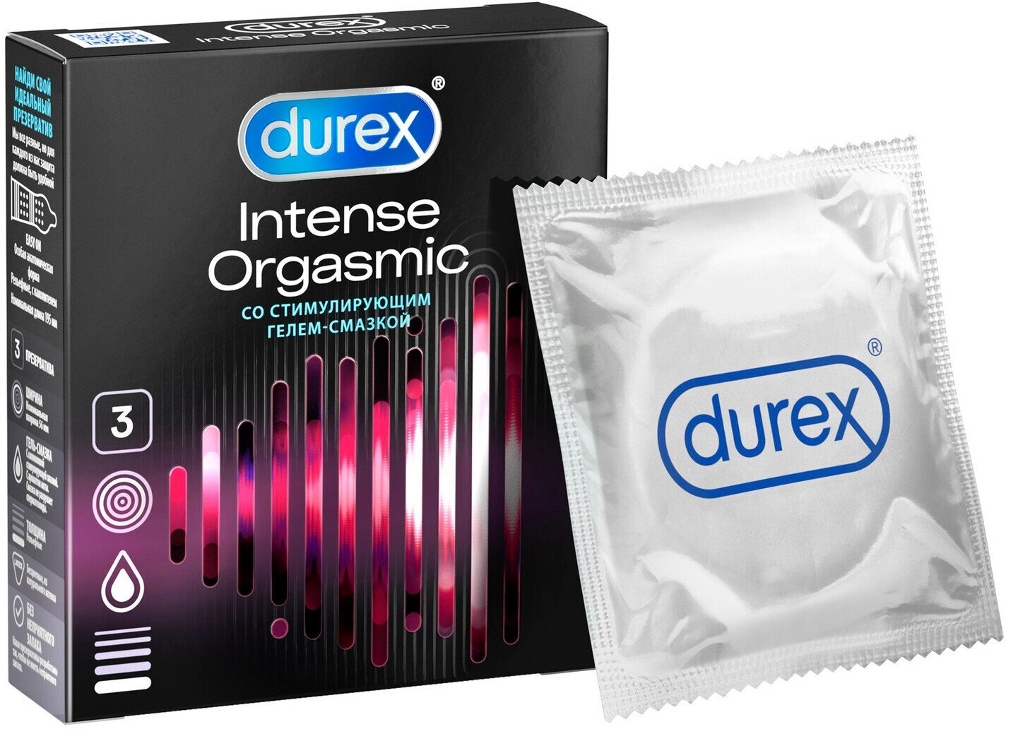 Презервативы Durex Intense Orgasmic рельефные со стимулирующим гелем-смазкой 3 шт.