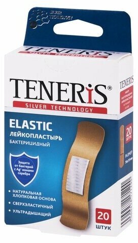 Набор пластырей 20 шт. TENERIS ELASTIC, эластичный, на тканевой основе, бактерицидный с ионами серебра, коробка с европодвесом, 0208-005