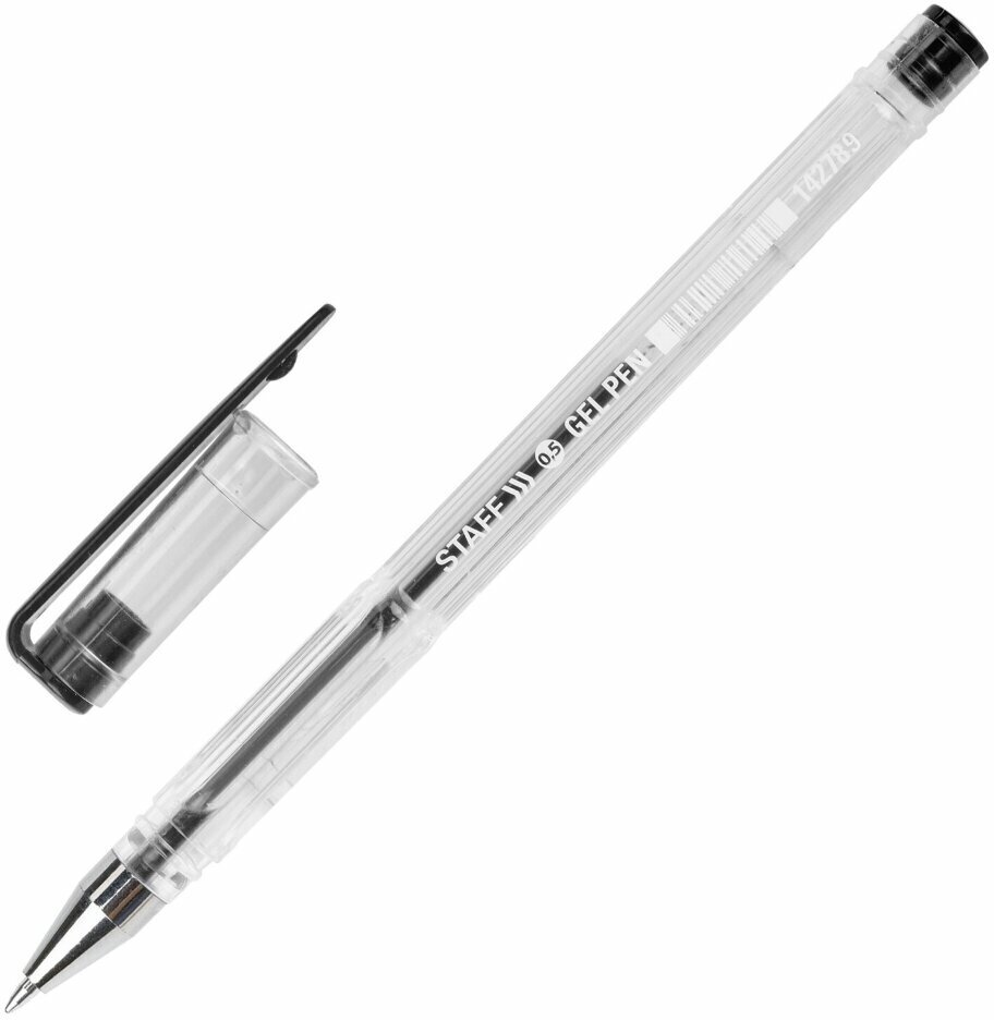 Ручка гелевая STAFF "Basic" GP-789, черная, корпус прозрачный, хромированные детали, узел 0,5 мм, 142789, 142789