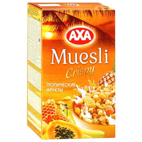 фото Мюсли AXA Muesli Crispy хрустящие медовые хлопья и шарики с тропическими фруктами, коробка, 270 г