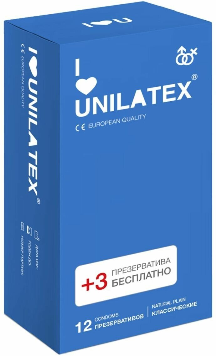 Классические презервативы Unilatex Natural Plain - 12 шт. + 3 шт. в подарок