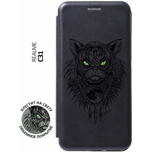 Чехол-книжка на realme C31, Рилми С31 с 3D принтом Shaman Cat черный чехол книжка на realme c31 рилми с31 с 3d принтом space w черный