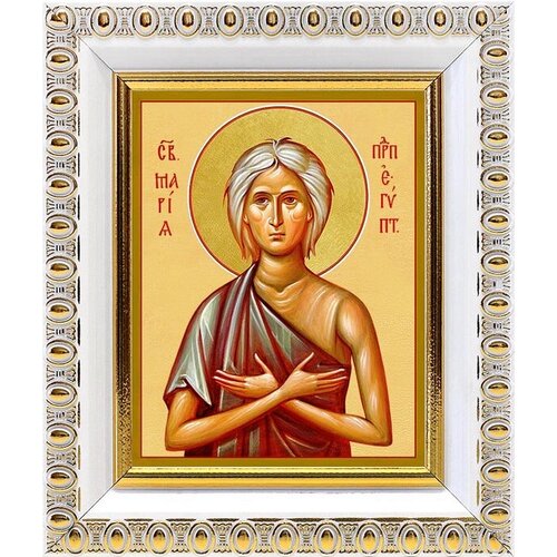 Преподобная Мария Египетская, икона в белой пластиковой рамке 8,5*10 см