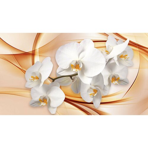 Моющиеся виниловые фотообои GrandPiK Белая орхидея на бежево-коричневом фоне 3D, 450х250 см