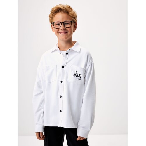 Школьная рубашка Sela, свободный силуэт, на кнопках, длинный рукав, карманы, манжеты, трикотажная, размер 158, белый
