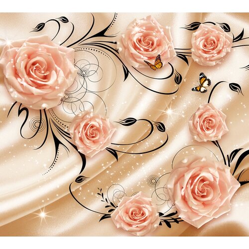 Моющиеся виниловые фотообои GrandPiK Розы на золотом шелке 3D, 300х270 см