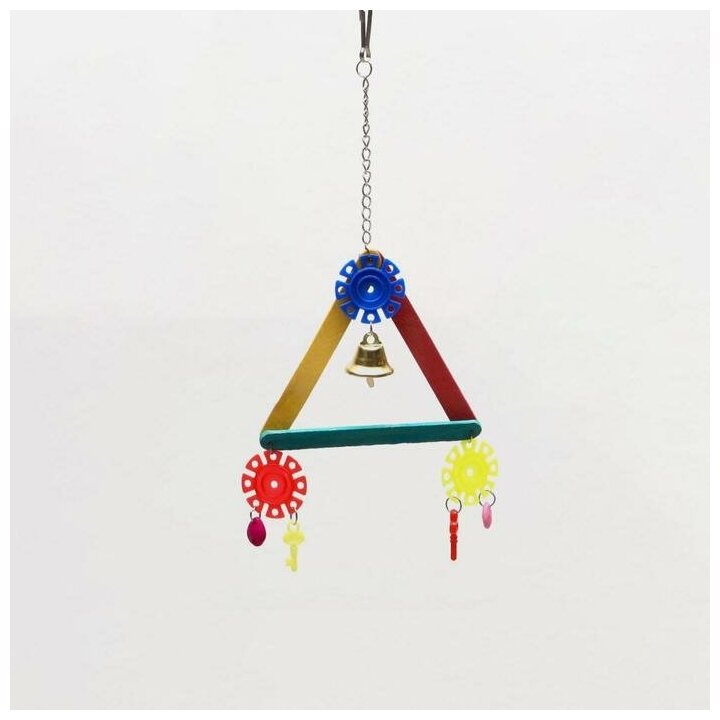 Игрушка для птиц Разноцветный треугольник, с колокольчиком, микс - фотография № 2