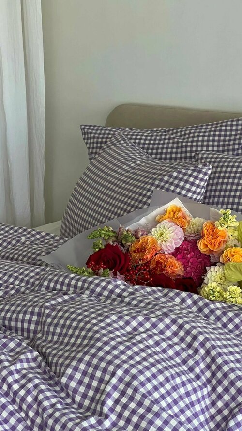 Пододеяльник 1 спальный из премиальной ткани Варёный хлопок Lavender Vichy на молнии 135x200