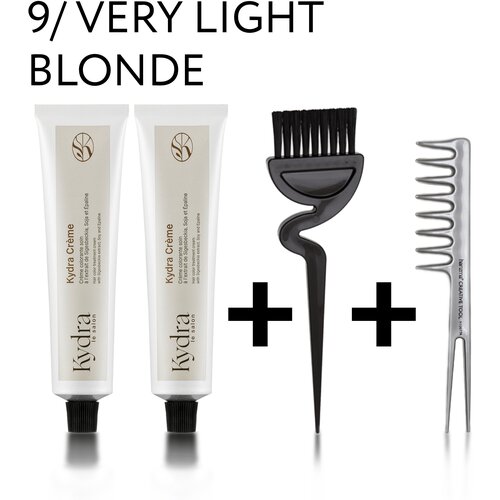 Kydra набор: Стойкая крем-краска Kydracreme 9 VERY LIGHT BLONDE - Очень светлый блонд 60 мл 2шт + Расческа + Кисточка для окрашивания