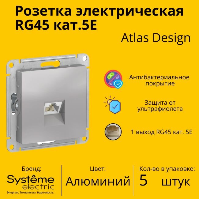 Розетка одноместная компьютерная электрическая Systeme Electric Atlas Design RJ45 кат.5E, Алюминий ATN000383 - 5 шт.