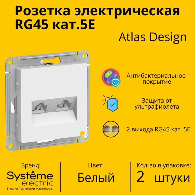 Розетка двухместная компьютерная электрическая Systeme Electric Atlas Design RJ45 кат.5E, Белый ATN000185 - 2 шт.