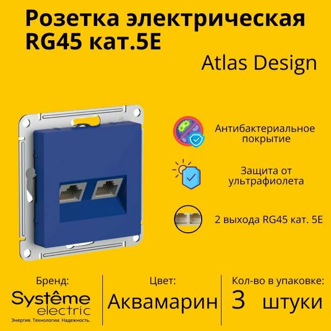 Розетка двухместная компьютерная электрическая Systeme Electric Atlas Design RJ45 кат.5E, Аквамарин ATN001185 - 3 шт.