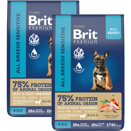 BRIT PREMIUM DOG ADULT SENSITIVE для взрослых собак всех пород с чувствительным пищеварением с лососем и индейкой (8 + 8 кг)