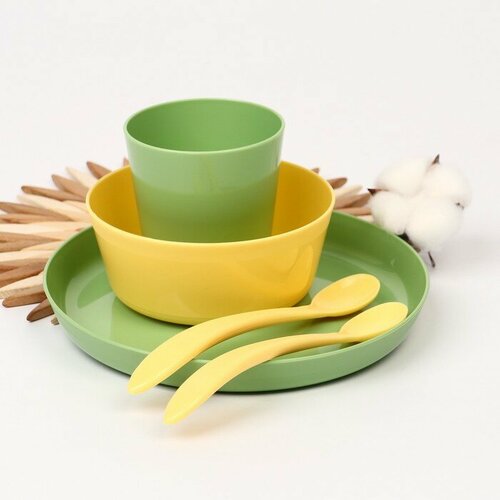 Набор детской посуды Lalababy Follow Me (тарелка, миска, стаканчик, 2 ложки), цвет зеленый набор детской посуды follow me тарелка миска стаканчик 2 ложки розовый жёлтый