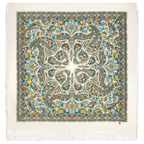 фото Платок павловопосадская платочная мануфактура, 146х146 см, бежевый, голубой