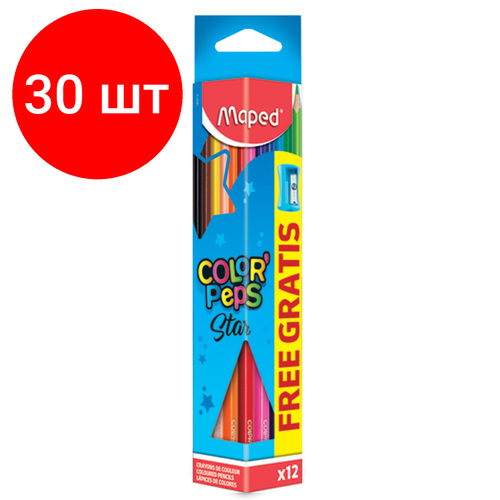 Комплект 30 шт, Карандаши цветные MAPEDColor'Peps Star, 12 цветов, трехгранные, с точилкой, европодвес, 183213