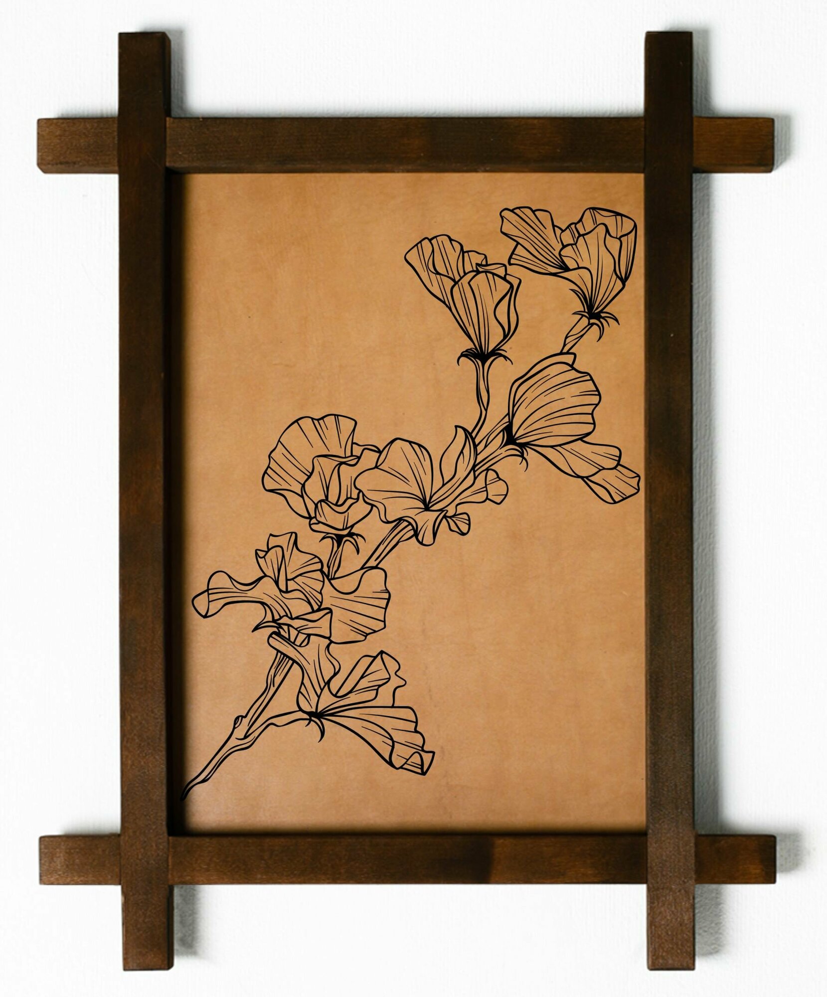Картина Гинкго, гравировка на натуральной коже, интерьерная для украшения и декора на стену в деревянной раме, подарок, BoomGift