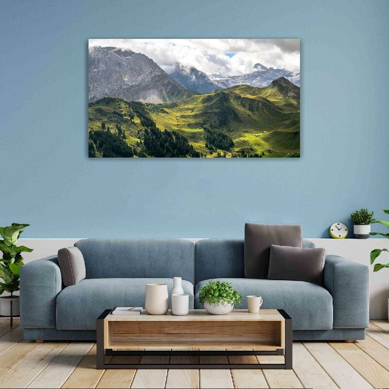 Картина на холсте 60x110 LinxOne "Долина деревья горы" интерьерная для дома / на стену / на кухню / с подрамником