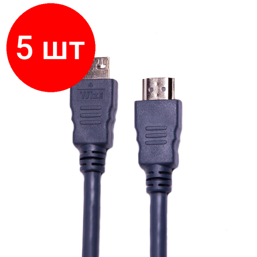 кабель hdmi m hdmi m 5m Комплект 5 штук, Кабель HDMI - HDMI, M/M, 5 м, v2.0, K-Lock, поз. р, экр, Wize, CP-HM-HM-5M