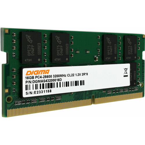 Память для ноутбука DDR4 16Gb 3200MHz Digma DGMAS43200016D RTL PC4-25600 CL22 SO-DIMM 260-pin 1.2В dual rank Ret